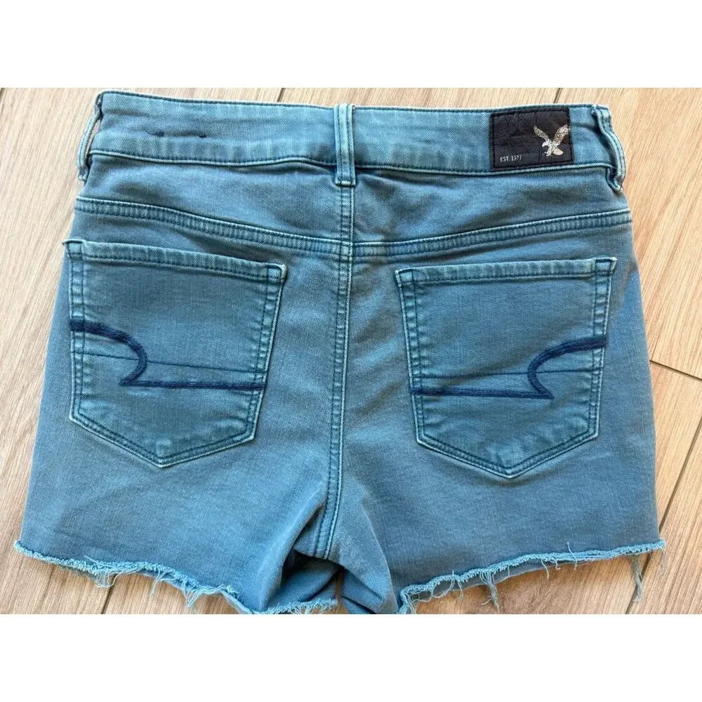 American Eagle Super Super Stretch Blue Denim Cut-Off Shorts 2 Mid Rise Pockets